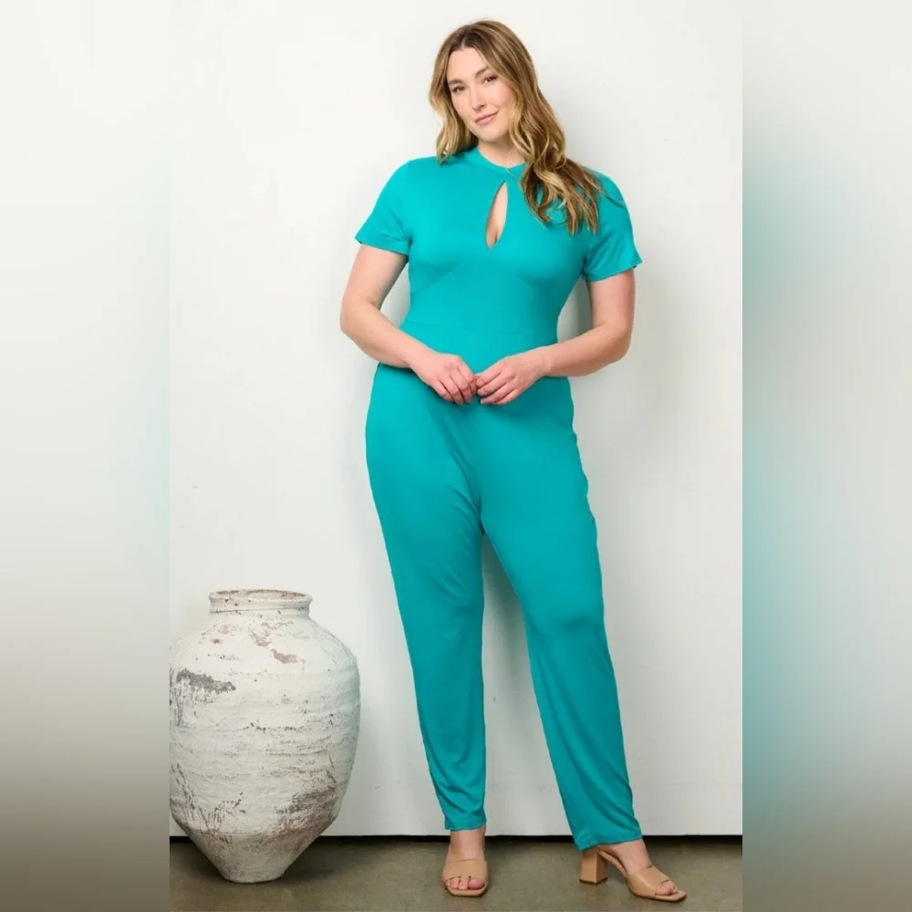 READ FOR THE FLAW- Teal Short Sleeve Keyhole Open Back Jumpsuit for Women - Picture 4 of 4